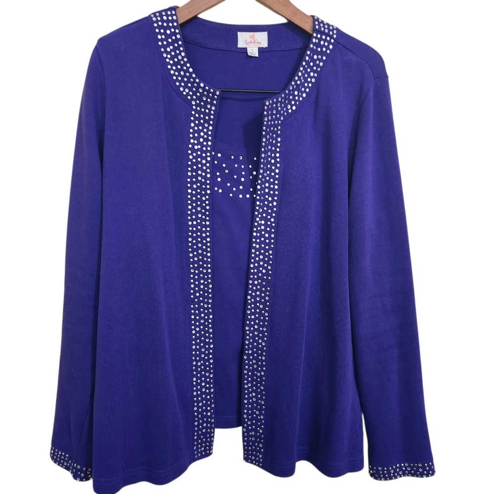 Quacker Factory Layered Sweater Cardigan Vibrant Purple‎ Studded Detail Large